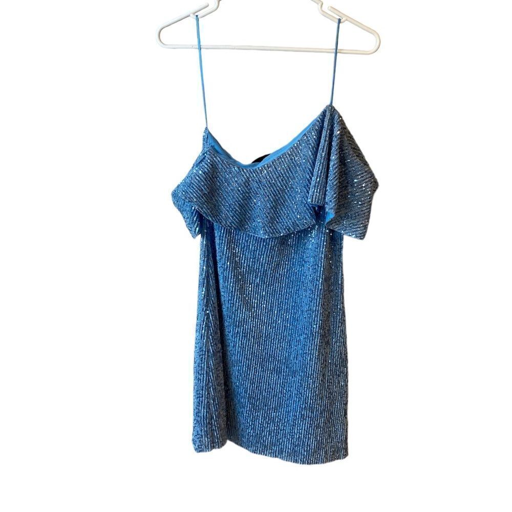 STINE GOYA Kenza Asymmetrical Sequin Mini Dress in Hydrangea Blue - Picture 7 of 12